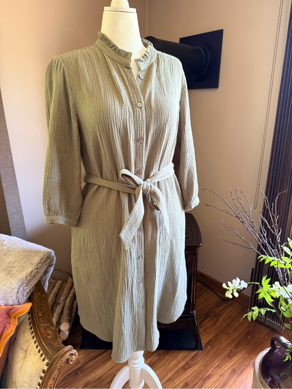 Soft Surroundings Olive Button-Front Midi Dress with Tie Waist